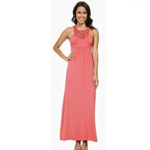 Tommy Bahama XL Coral‎ Maxi Dress Tambour Crochet Long Full Bloom